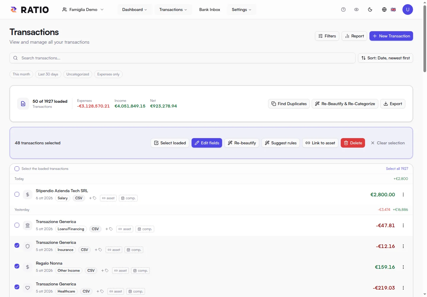 Ratio demo screen: selecting and managing transactions