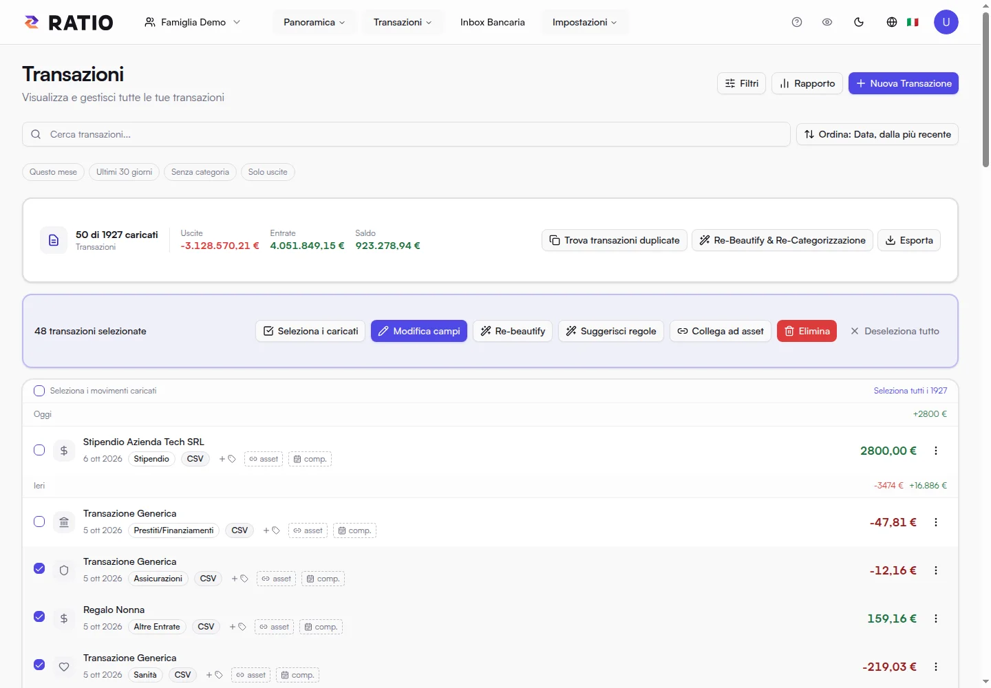 Schermata demo Ratio: selezione e gestione delle transazioni